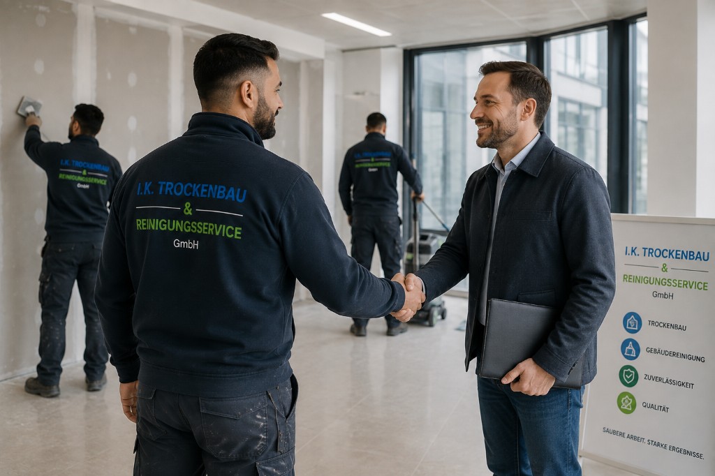 Team der I.K. Trockenbau & Reinigungsservice GmbH beim Handschlag mit einem Kunden